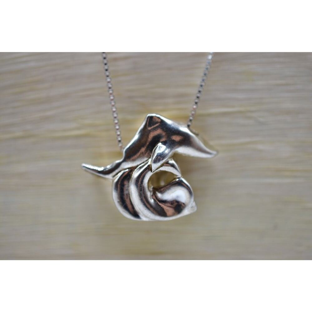 Vintage 925 Sterling Necklace Dolphin Pendant Brutalist Wave Beach 10.30G Bin4